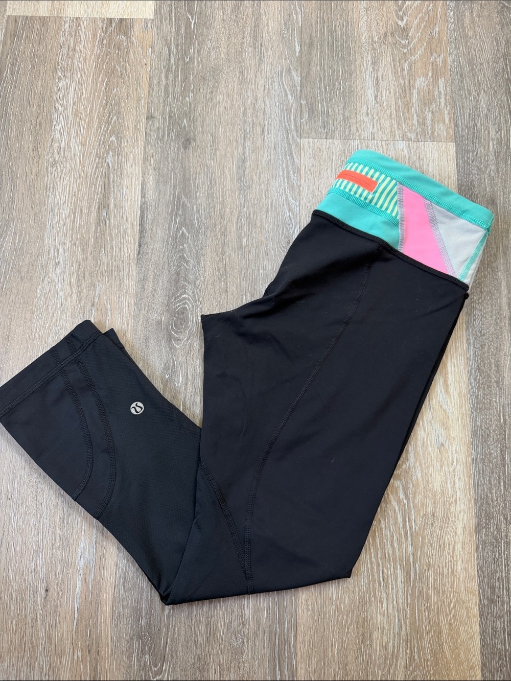 Lululemon Black Leggings with Teal & Pink Waistband